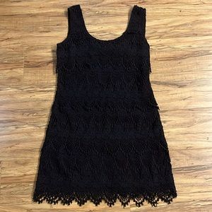 Miss Me Tiered Scalloped Crochet Lace Sleeveless Little Black Dress